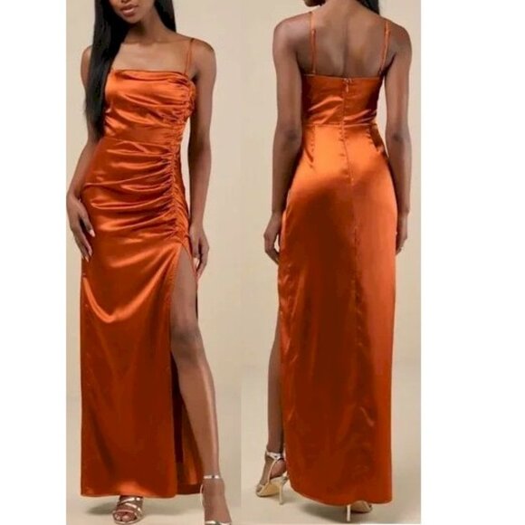 Lulus Luxurious Marvel Rust Orange Satin Ruched Column Maxi Dress Medium NWOT - Picture 1 of 14